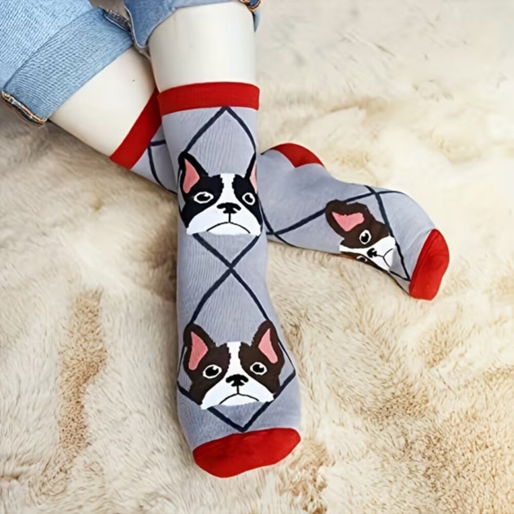 Women's 5 Pack Crew Socks Colorful French Bulldog Themed - OS - NWT - Picture 4 of 13